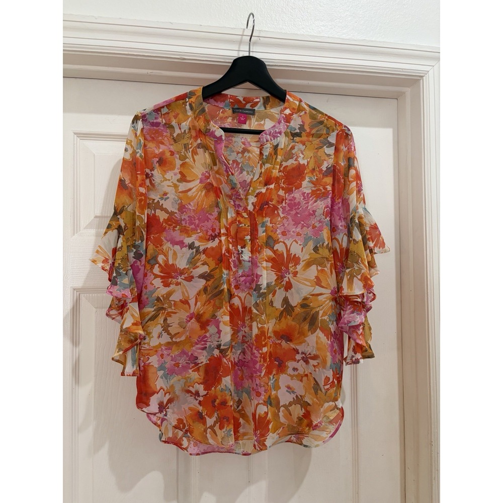 Vince Camuto Floral Blouse Small Sheer Ruffle Sleeve Boho Peasant Top Pink